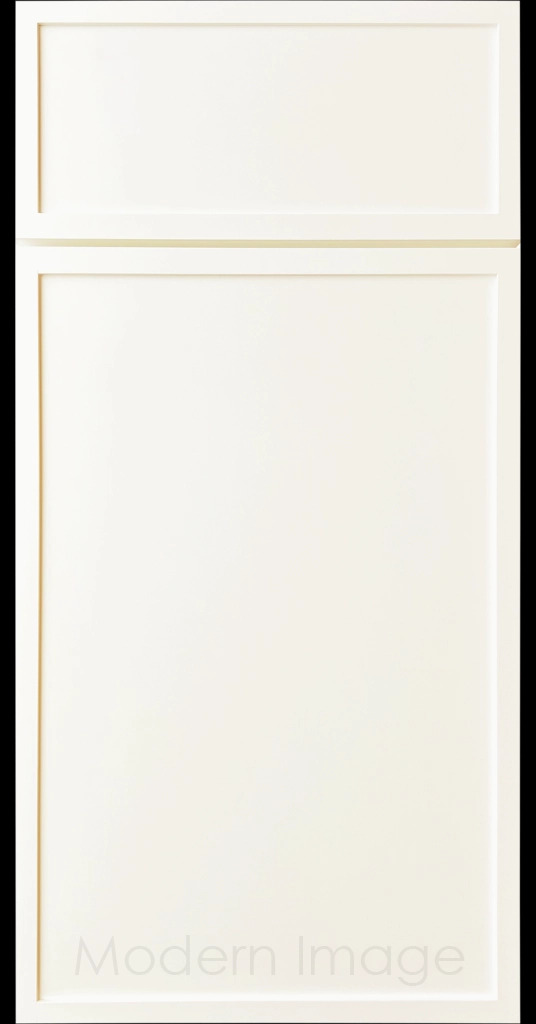 Vanilla matte Arcadia shaker-style cabinet door, featuring slim stile and rail surrounding a flat center panel
